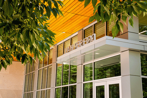 Exterior of a building with green leaves from a tree in the top of the frame in the foreground. The building’s entryway has a stained wood ceiling and a glass door and windows. A sign with what looks like silver metal letters sits above the entryway and reads “Dreiser Hall.”  